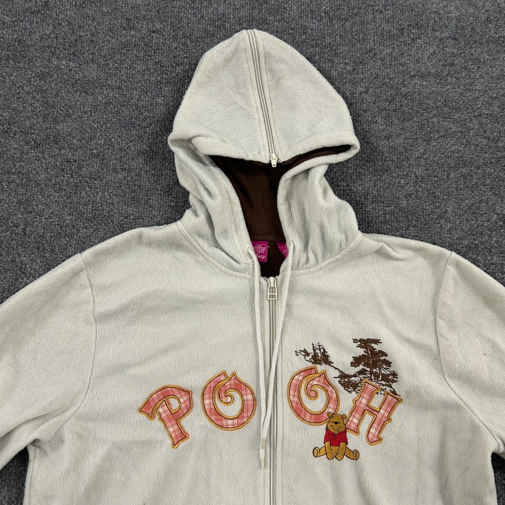 Disney Hoodie Womens Size L Cream Fleece Pooh Bear Full Zip Graphic Embroidered